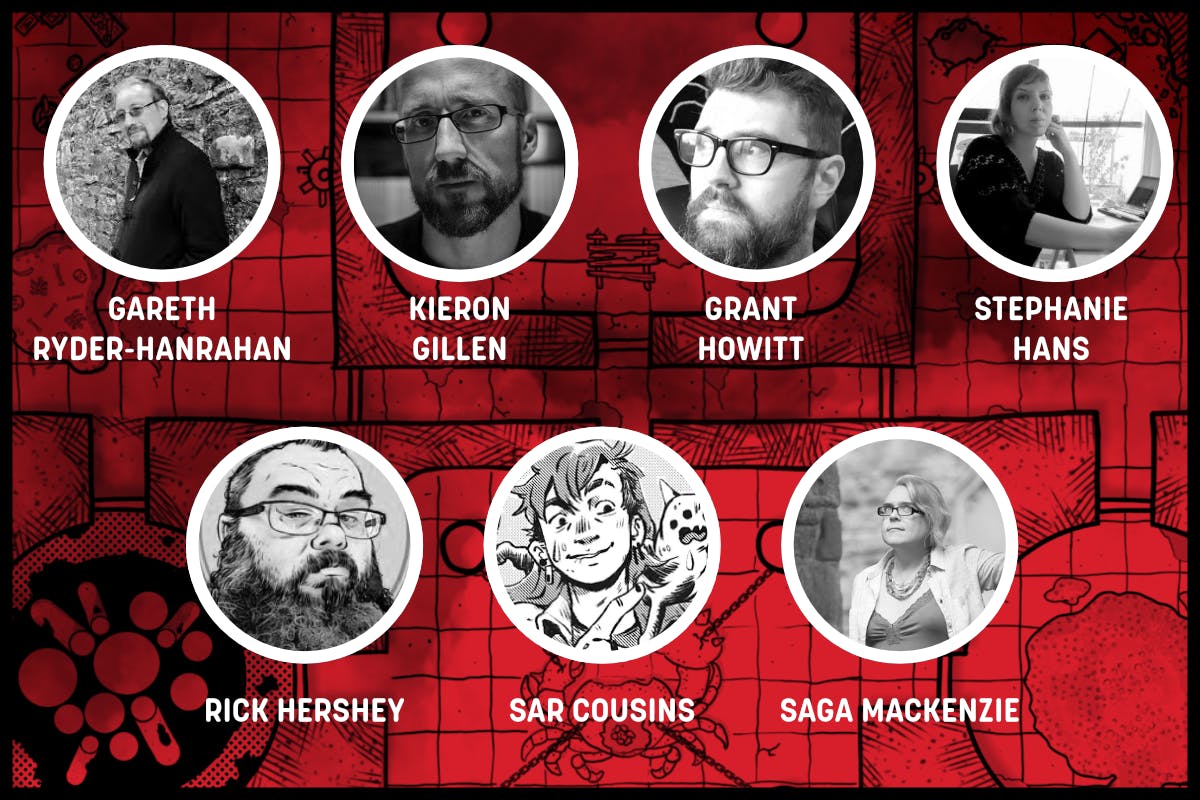 Headshots of the DIE Metadungeon team: Gareth Ryder-Hanrahan, Kieron Gillen, Grant Howitt, Stephanie Hans, Rick Hershey, Sar Cousins, Saga Mackenzie.
