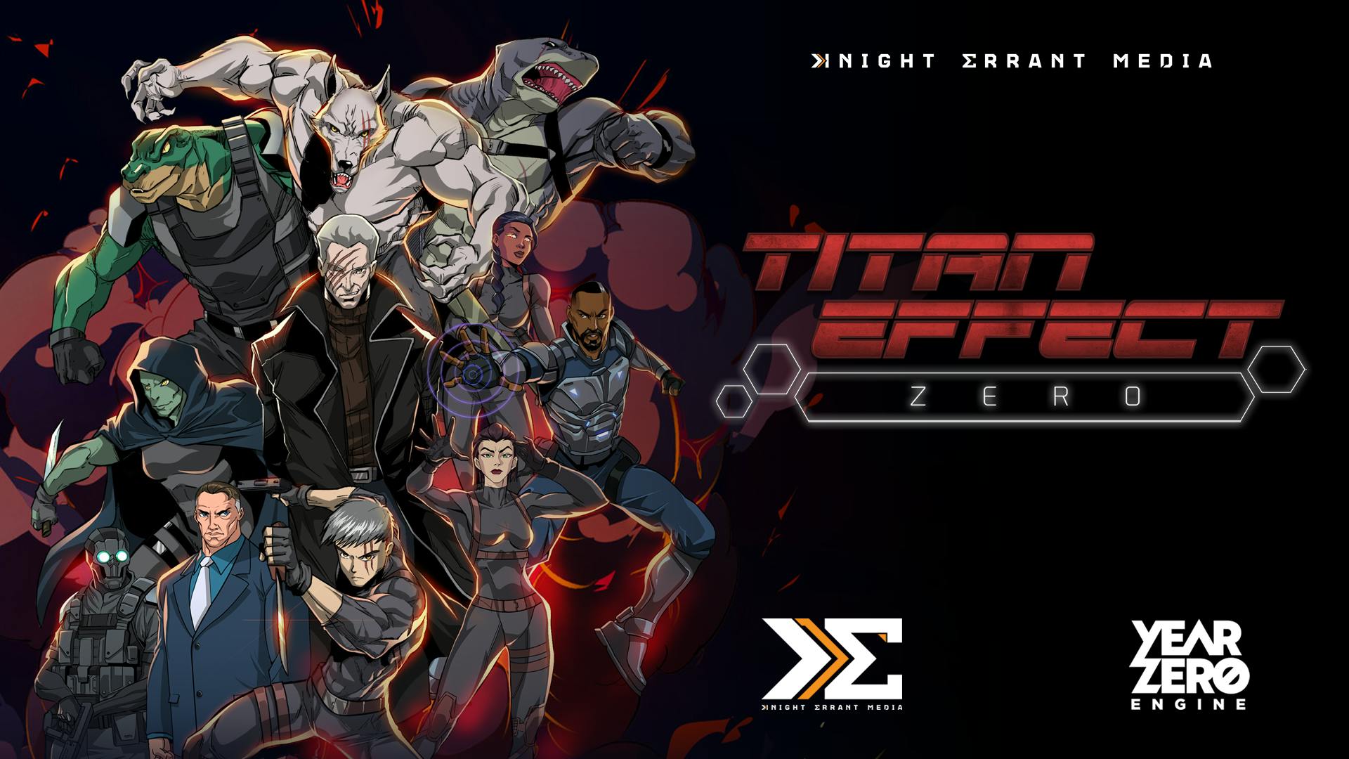 "Titan Effect RPG Zero" Backerkit campaign cover featuring Knight Errant Media and Year Zero Engine's logos. The cover is reminiscent of old James Bond movie posters with various characters carrying weapons and posing, with an explosion and smoke in the background. Seven characters look human, while the others are hybrid creatures looking like a mix of humans and different animals (wolf, shark, reptiles, etc.).