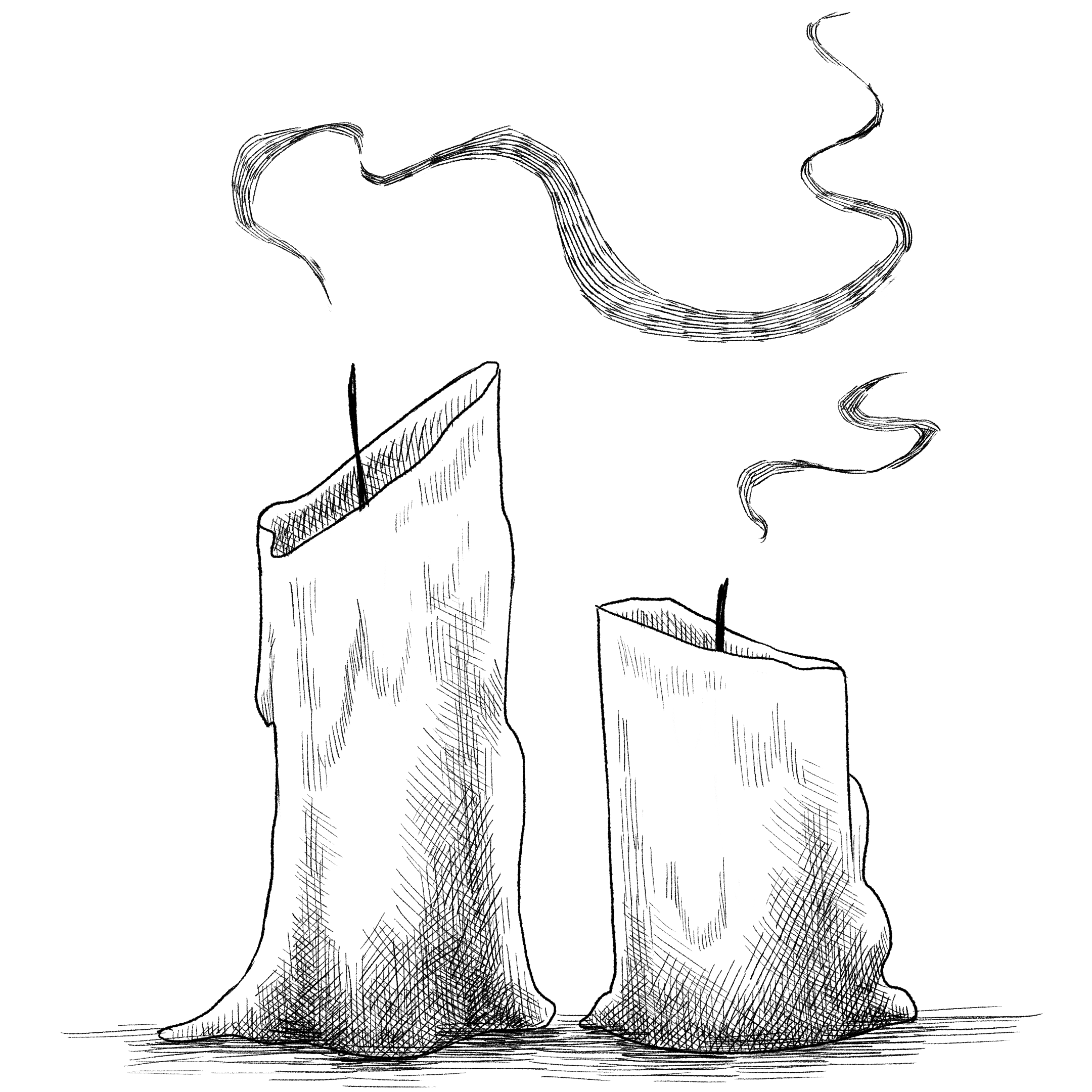  A black and white, cross-hatched illustration of two candles that have just been blown out 