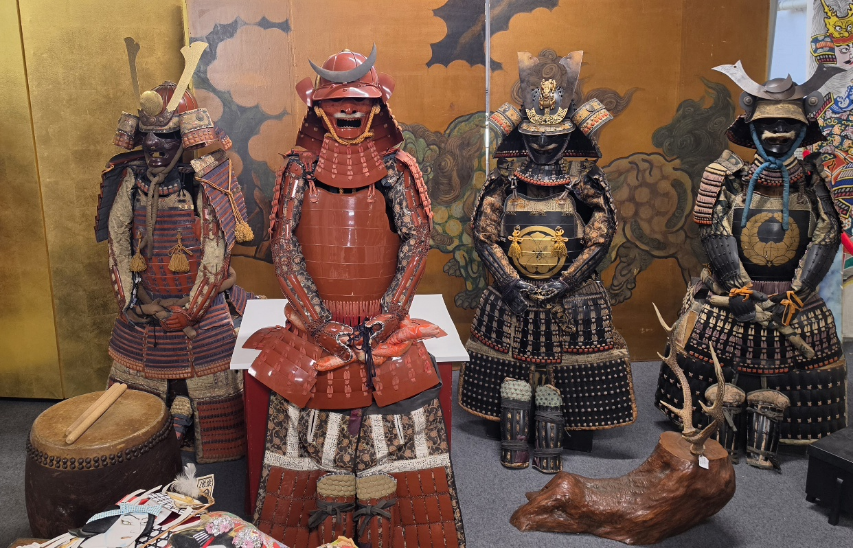 a collection of decorative samurai armour from the samurai museum in Hobart