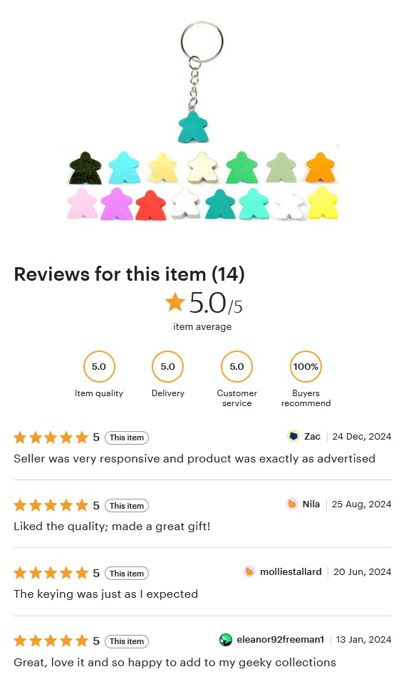  meeple keyring reviews. Seller was very responsive and product was exactly as advertised. Liked the quality; made a great gift! - The keyring was just as expected - Great, love it and so happy to add to my geeky collections
