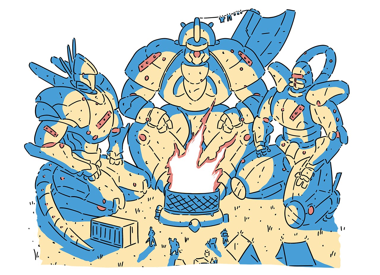 Artwork: Mechs and their pilot enjoy some downtime around a gigantic campfire.