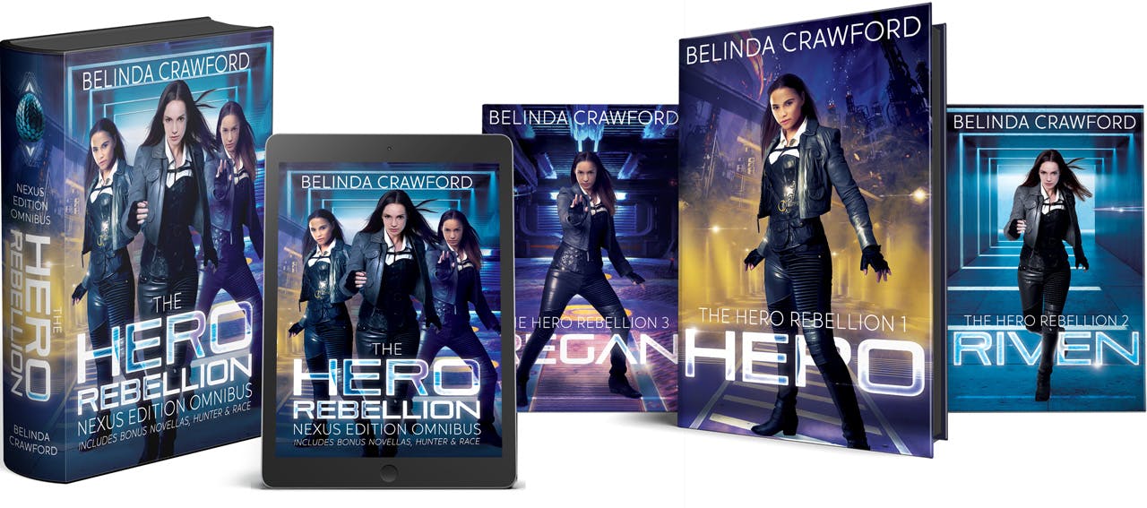 From left to right: The Hero Rebellion Nexus Edition Omnibus hardback, The Hero Rebellion Nexus Edition Omnibus ebook, Regan: The Hero Rebellion 3 hardback, Hero: The Hero Rebellion 1 hardback, Riven: The Hero Rebellion 2 hardback 