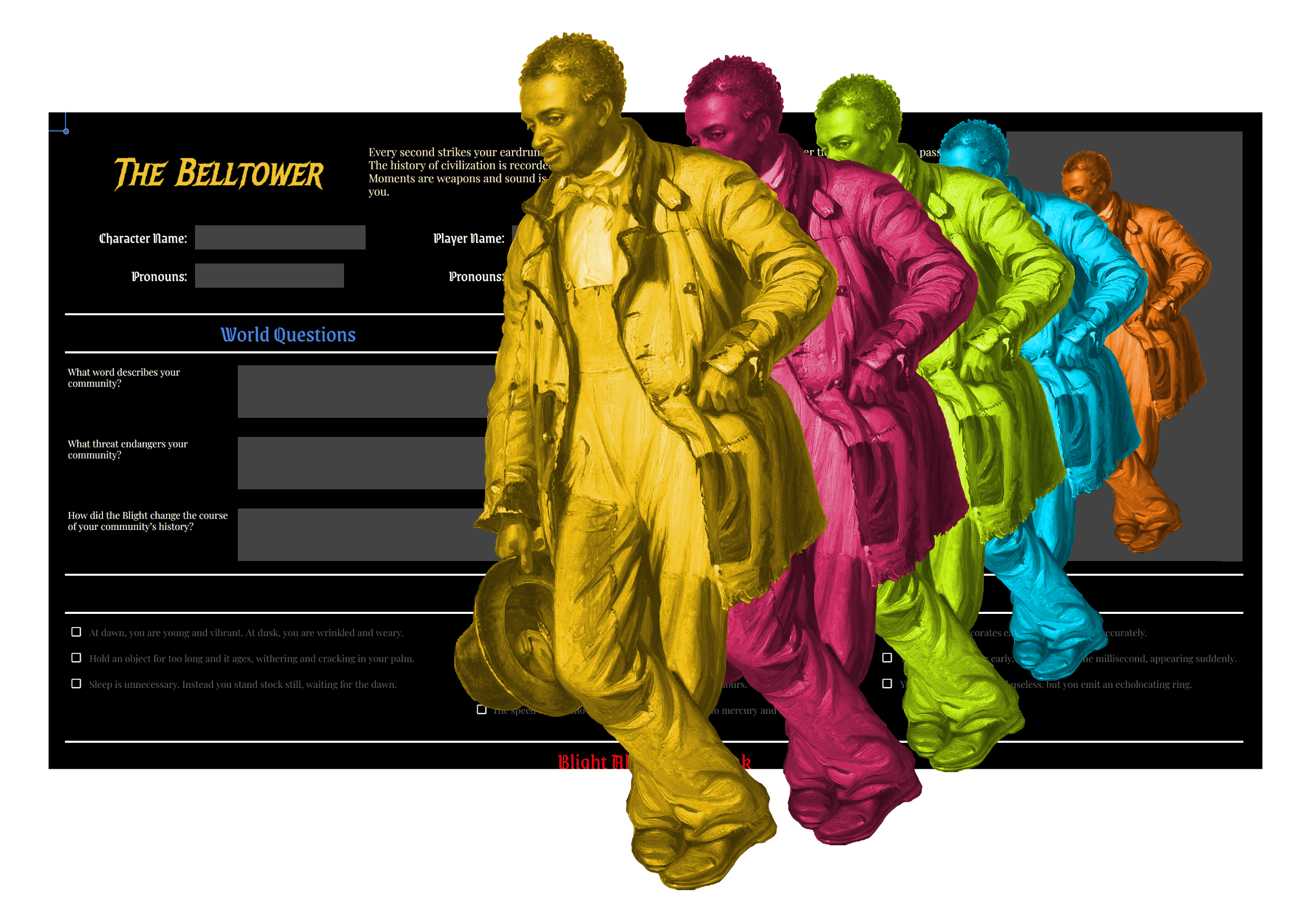 Image of the Google Sheets virtual tabletop, featuring artwork of the Belltower class on the Belltower page. This is a man repeating through time, growing larger from the portrait section of the sheet and changing colors as he repeats.