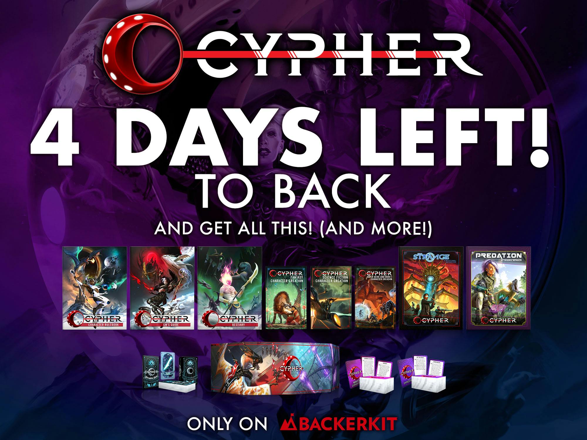 A graphic featuring the Cypner logo with the words 4 Days Left to back and get all this (and more)! with images of the many rewards unlocked by the campaign so far.