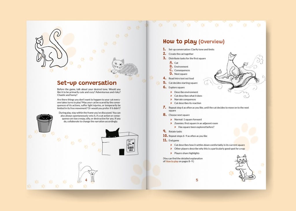 The pages show the set-up conversation and overview of how to play, together with seven pieces of cat artwork in a variety of styles and faint paw print tracks across the pages.