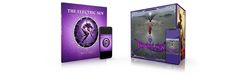 An image of The Electric Sun book in print and PDF and Invisible Sun Indigo in print and PDF.