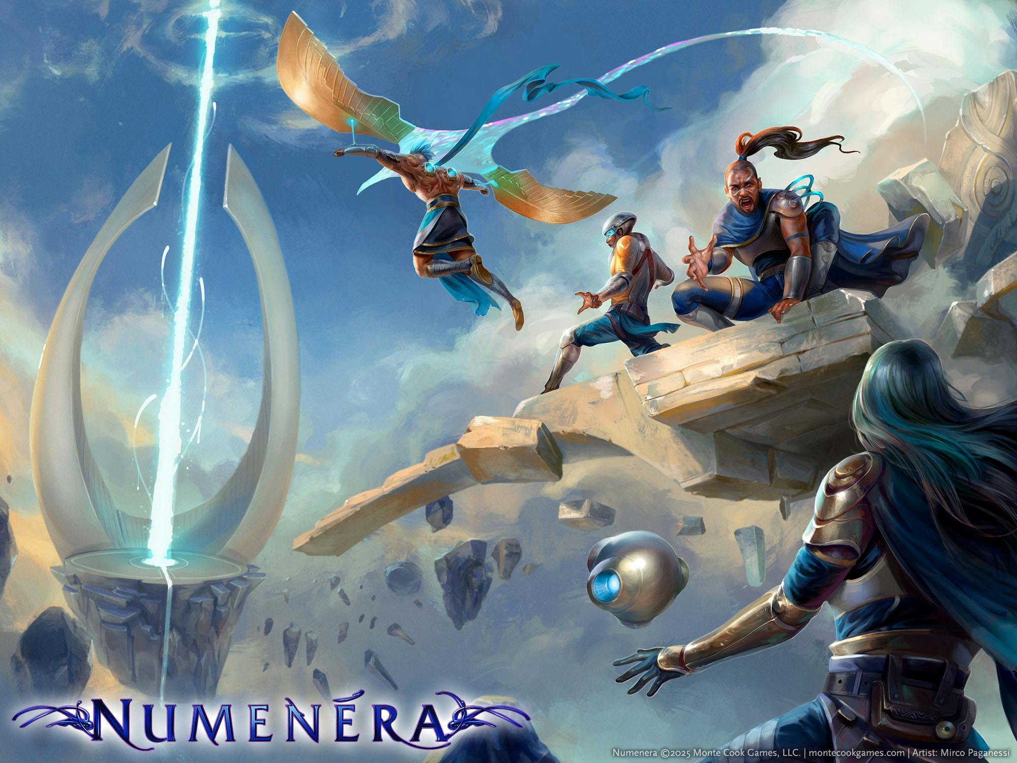 Four adventurers brave the heights of floating ruins, as they attempt to reach an active energy circle blasting power into the cloudy, blue sky 