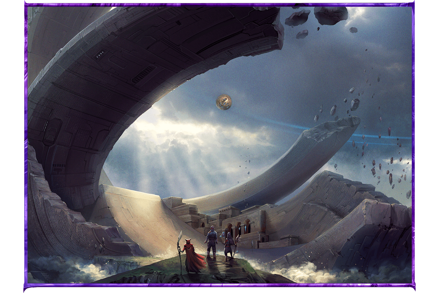 An illustration of a group of adventurers standing beneath a strange ruin made up of a torus and a golden, floating orb.