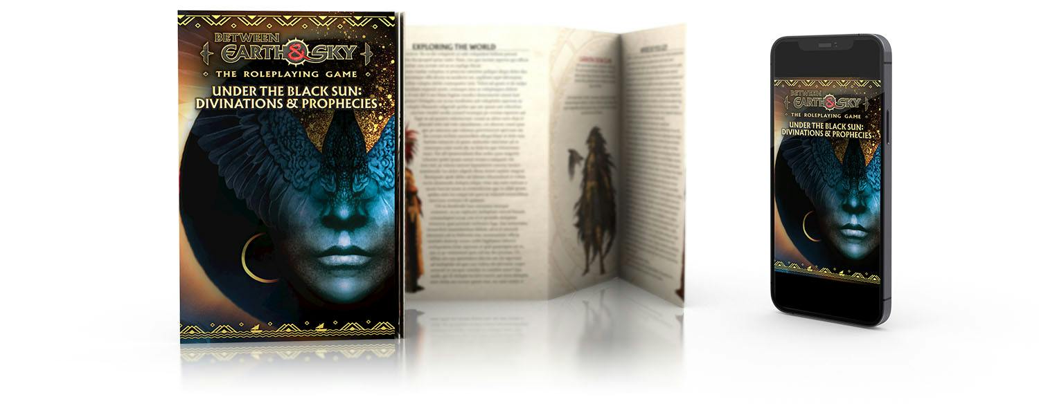 An illustration showing Under the Black Sun as a physical zine with accordion-style binding, as well as the digital PDF on mobile.
