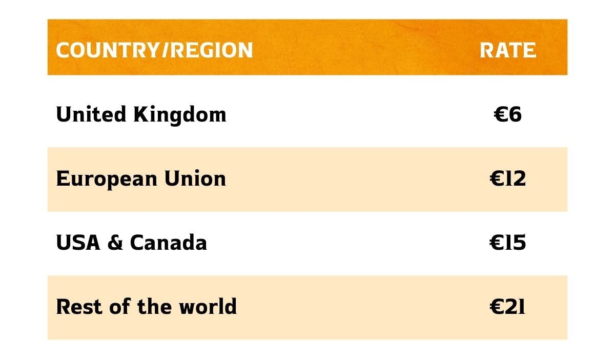 United Kingdom €6; European Union €12; USA & Canada €15; Rest of the world €21