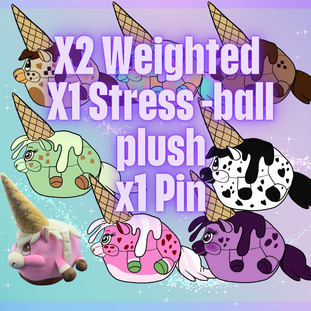 X2 Weighted Unicone plush, X1 stress-ball plush & X1 pin