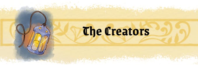 Graphic background is white. This image is a header for a subsection. A long golden strip with watercolor-like texture on the top and bottom forms the long rectactangular base. Overlaid is a slightly darker golden graphic with leafy curls like wrought iron. An illustration of a swinging candlelit lantern is positioned off to the far left of the banner. Near the middle is a line of black text which reads Creators.