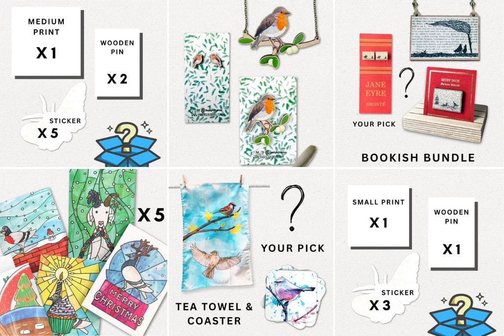 grid of 6 available bundles. From top left a mystery bundle that contains a medium print two wooden pins and five stickers, a robin bundle which includes a wooden jewellery set of a robin and mistletoe necklace and brooch and a pair of mini robin studs, a bookish bundle that has your pick of classic literature themed necklace, brooch and earrings, a mini mystery bundle of small print one pin and three stickers, a tea towel and coaster bundle and a 5 pack of greetings cards bundle
