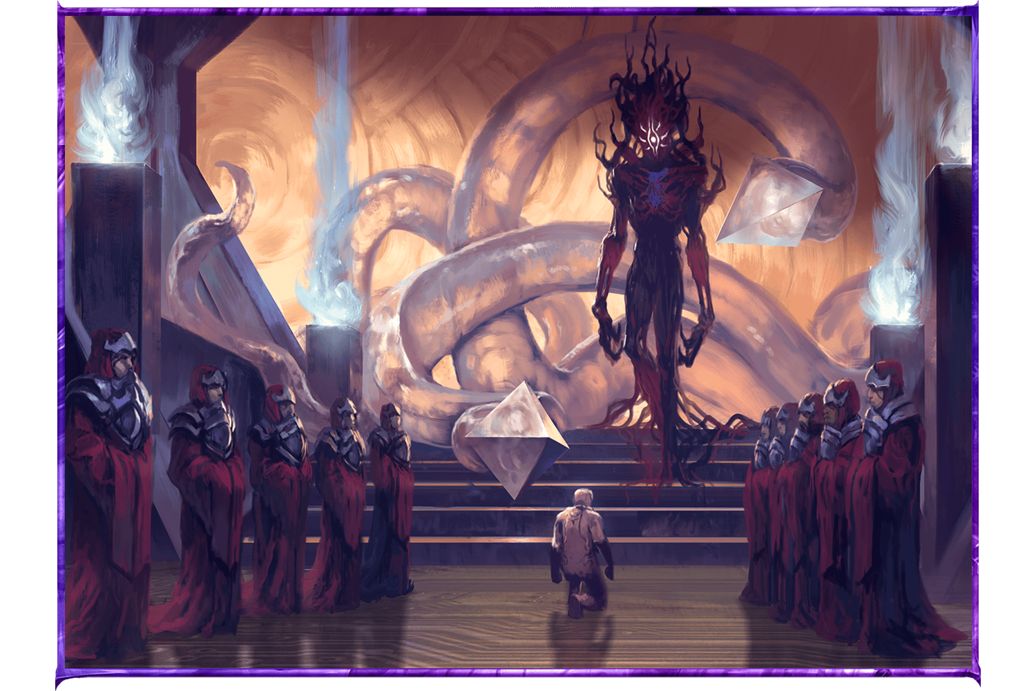 An illustration of a figure kneeling before a strange being, while several worshippers stand to each side.