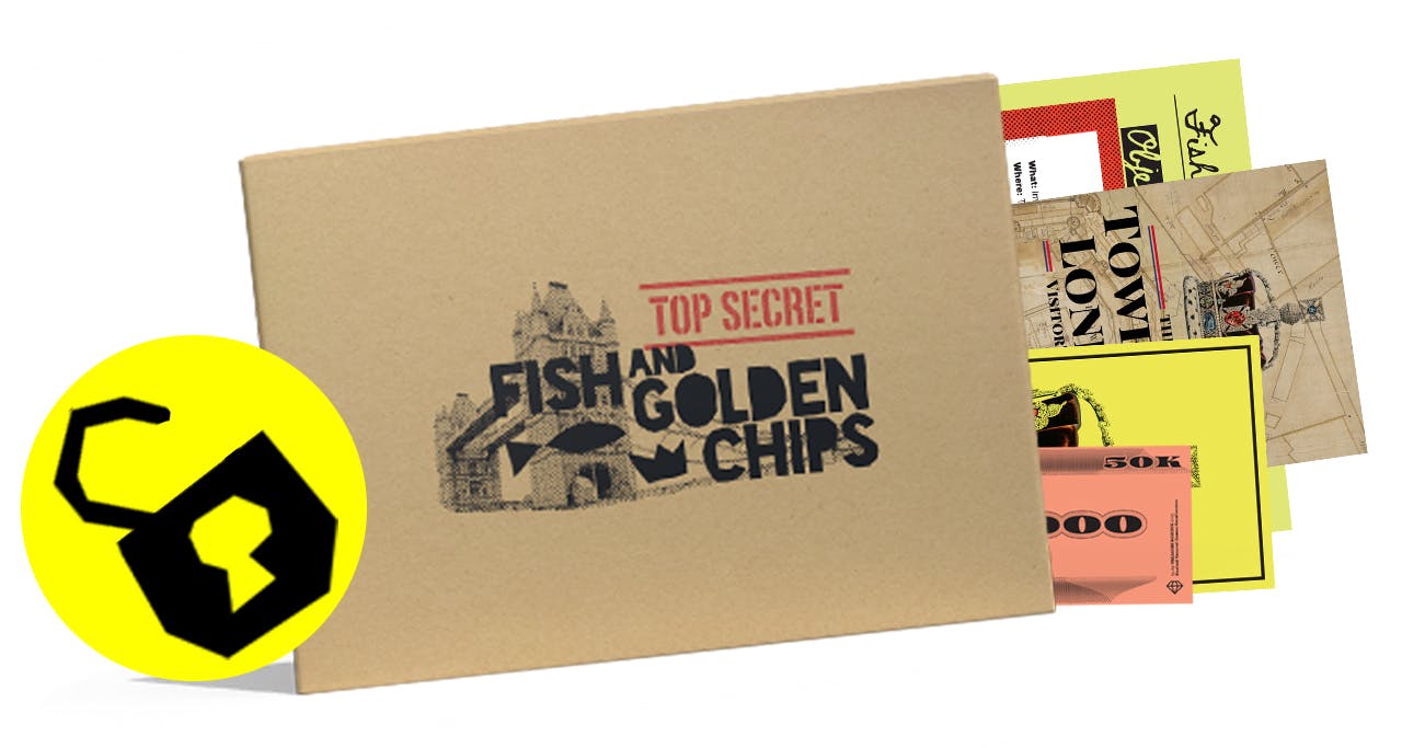 Graphic depicting a Top Secret folder titled "Fish & Golden Chips" unlocked.