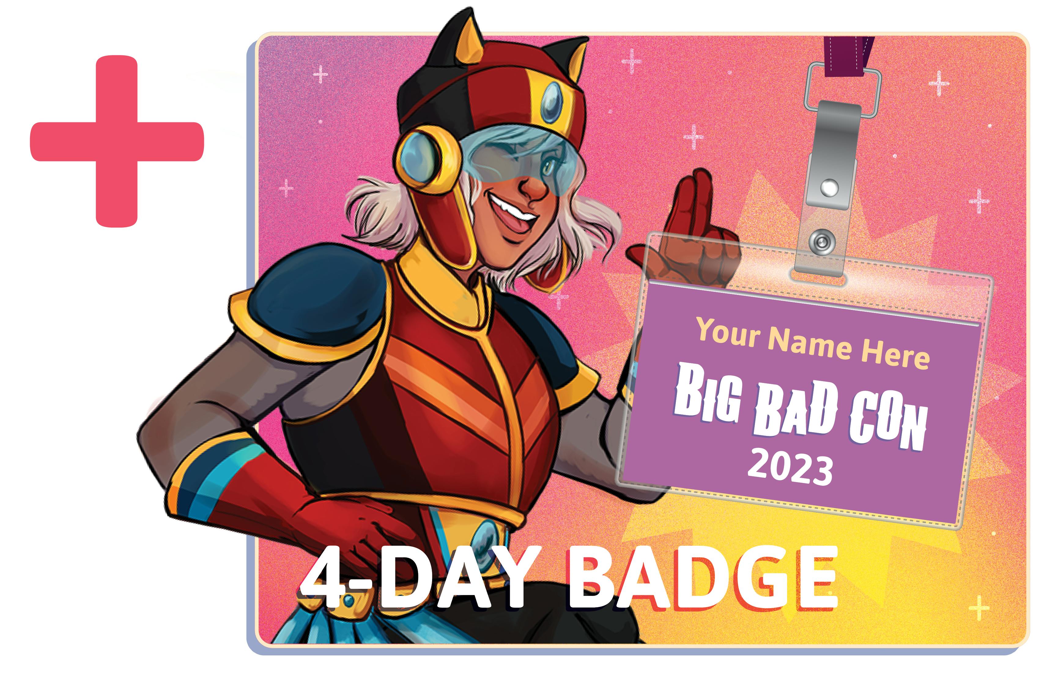 Image of our Little Red mascot and a Big Bad Con badge