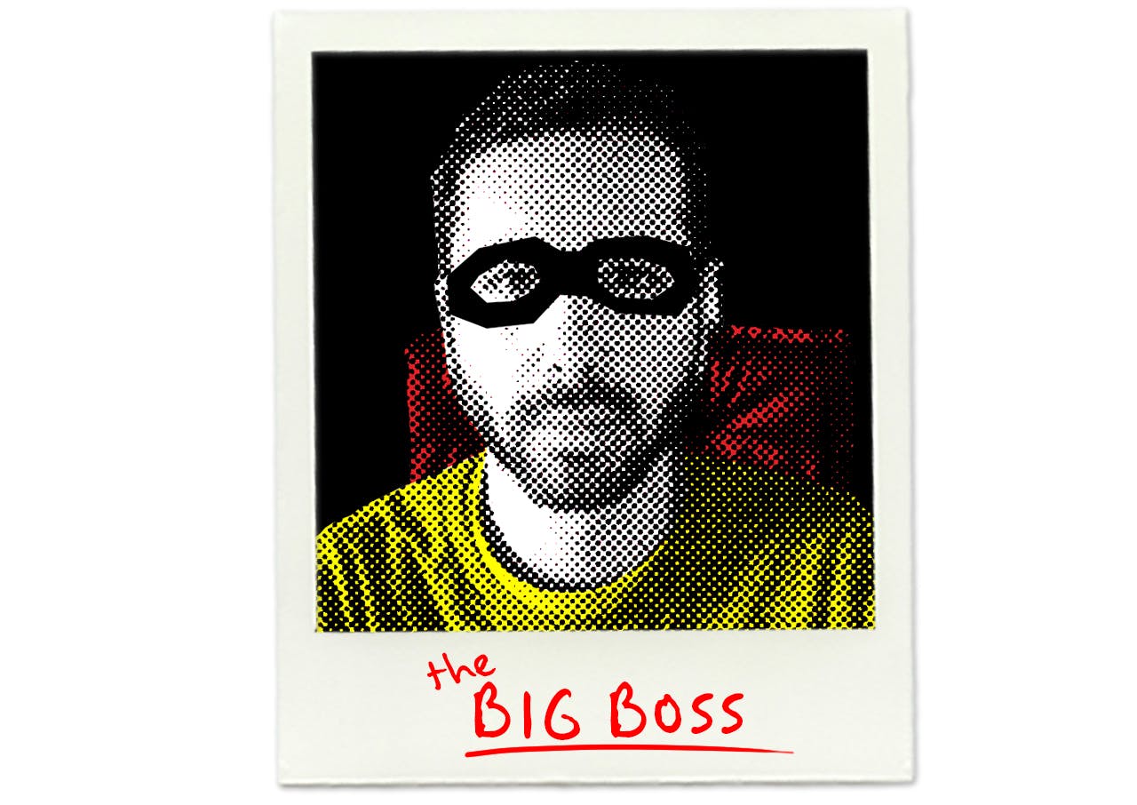 Stylized image of Andre Novoa wearing a robber mask.