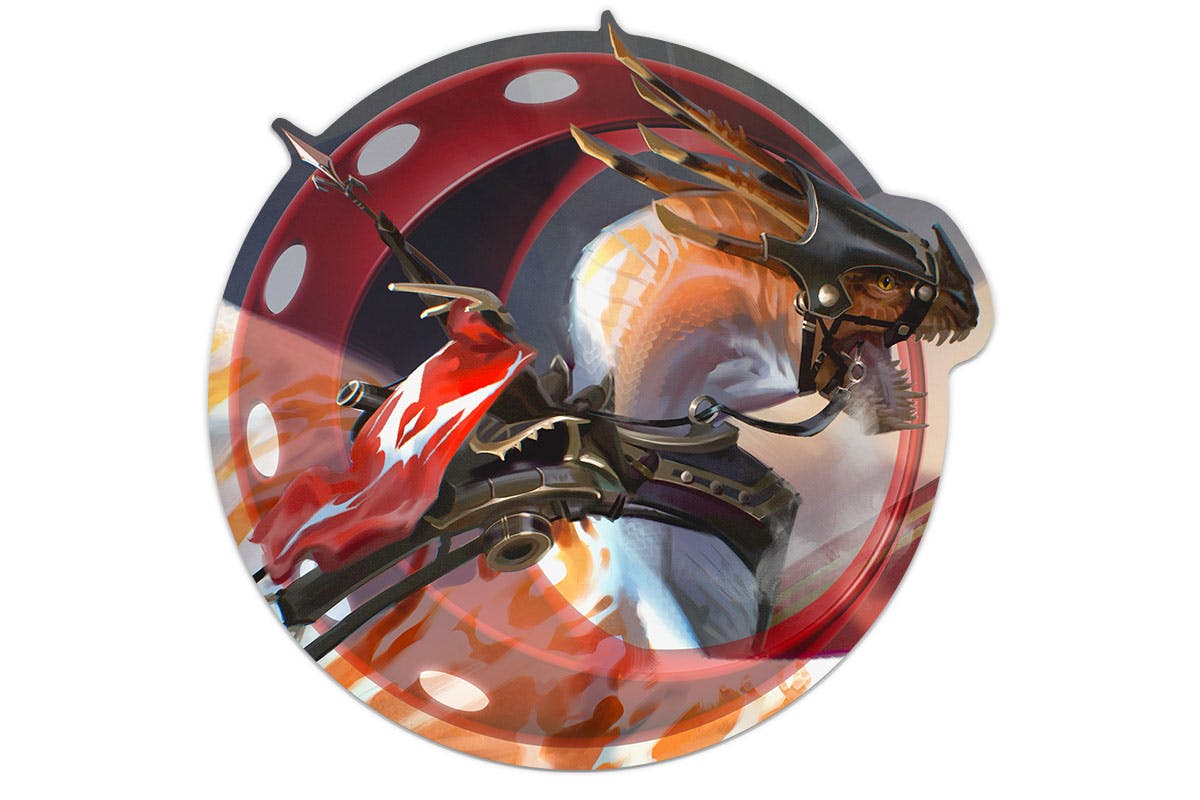 A mockup of a sticker depicting a dangerous looking armored dragon with a sinister rider on its back, within the Cypher logo bug.