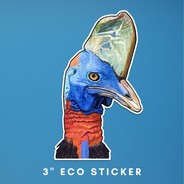 a mock up of a 3 inch eco sticker of a Cassowary bird, made from an illustration by Loadofolbobbins. The sticker is a cut out of the head of the bird.