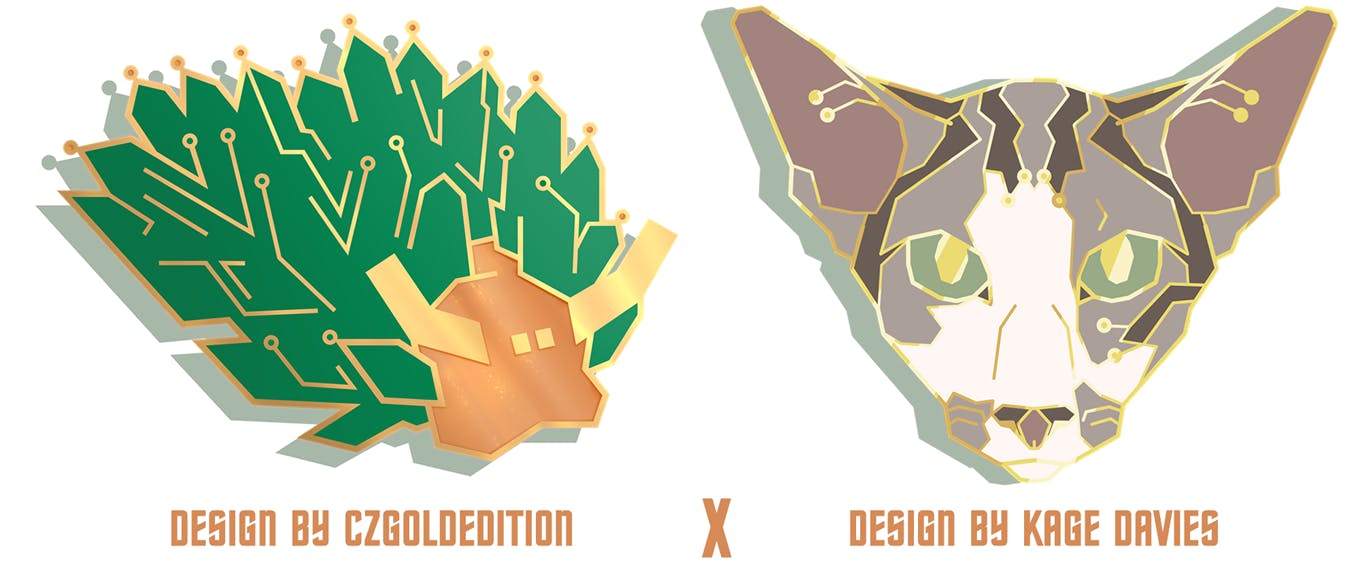 Preview of the cross collaboration freebie pins. The design on the left is a Printed Circuit Board version of a leaf sheep, a type of sea slug. The design on the right is a circuit inspired tabby cat, but with more colors and less of a traditional board look. Text beneath them reads "Design by CZGoldEdition x Design by Kage Davies".