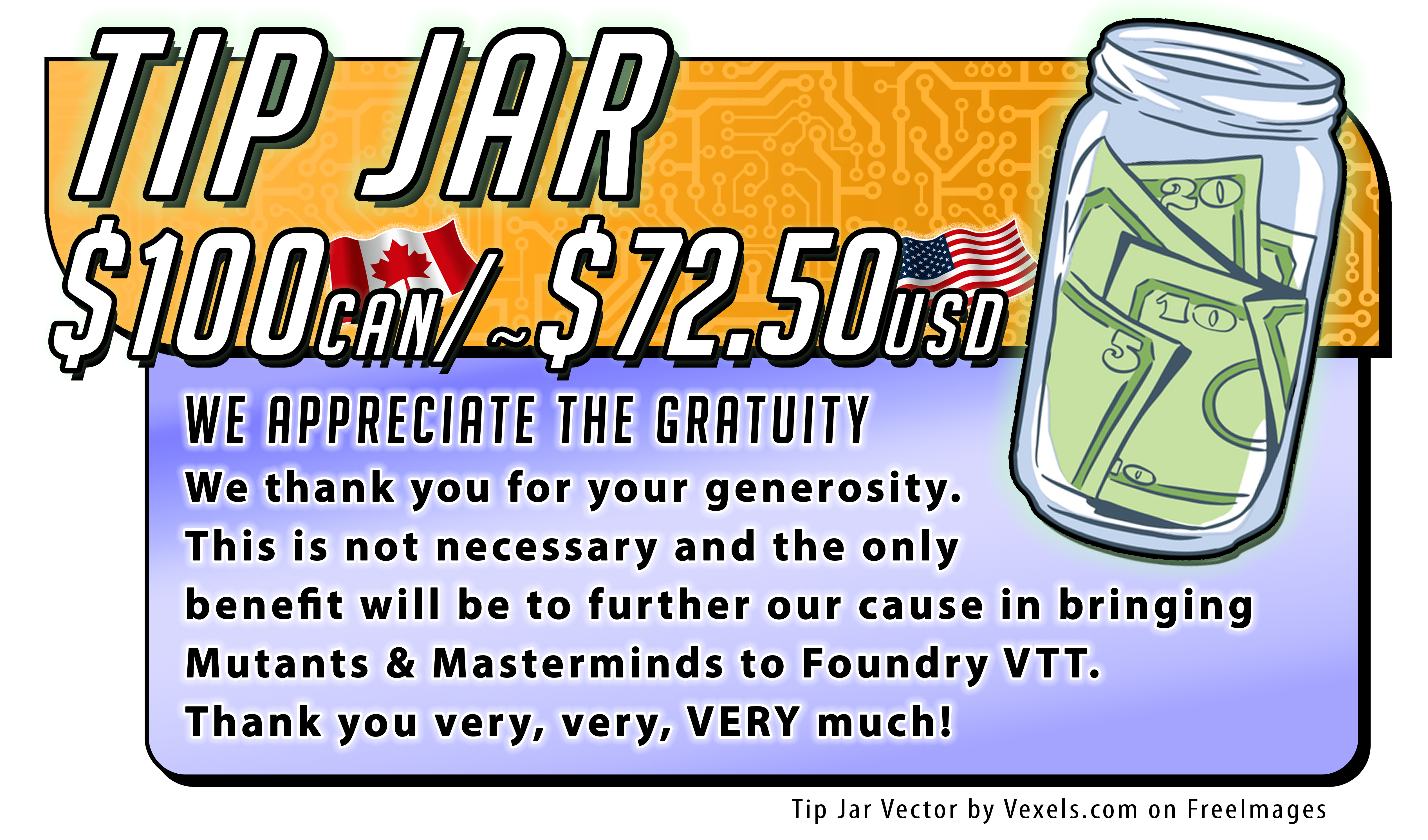 Tip Jar C$100 CAN/~ $72.50 USD