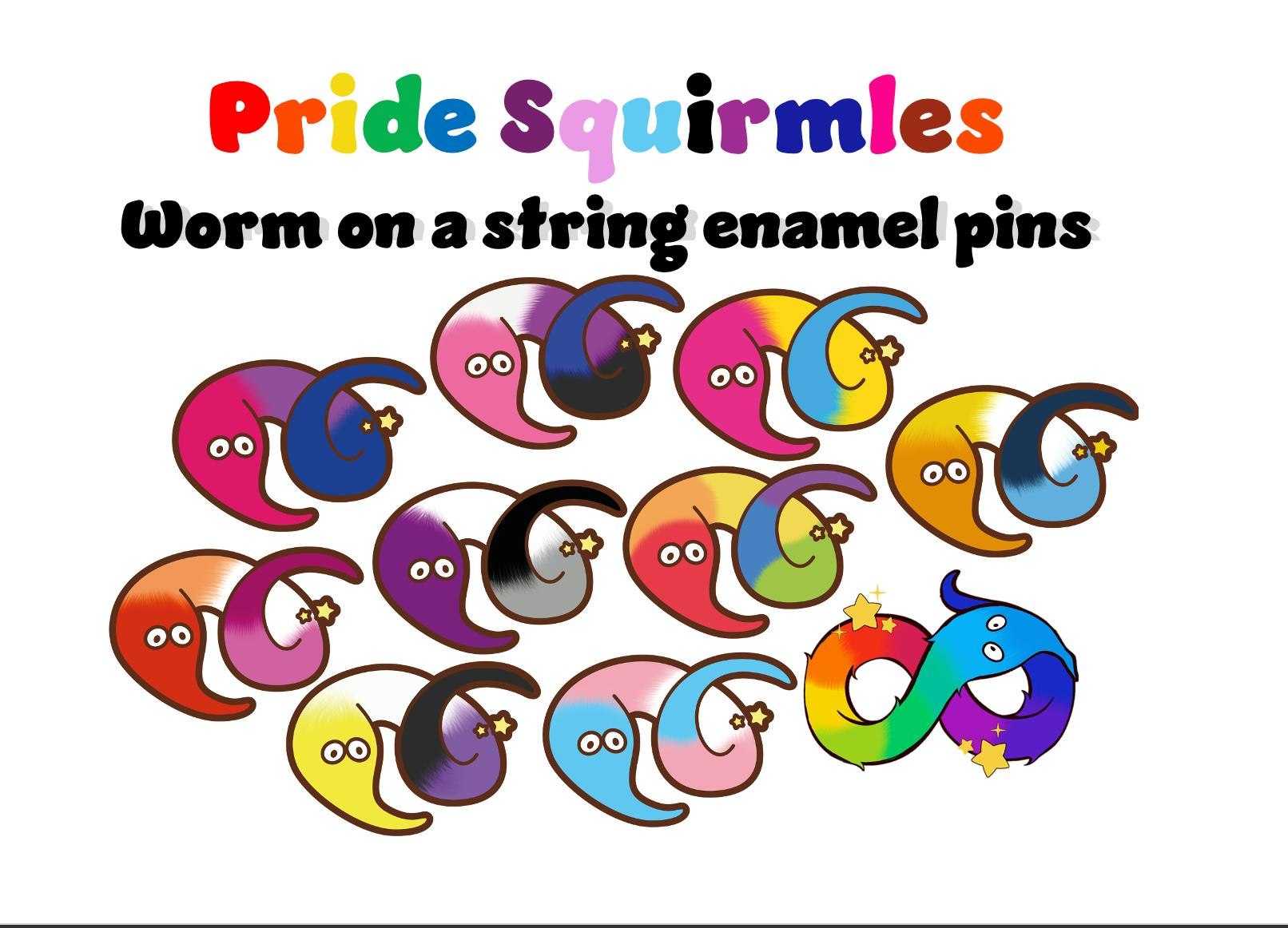 Get Ready for Pride Squirmles: Worm on a string enamel pins